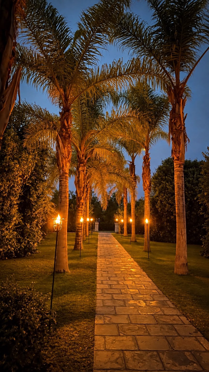 Camino de palmeras iluminado con antorchas