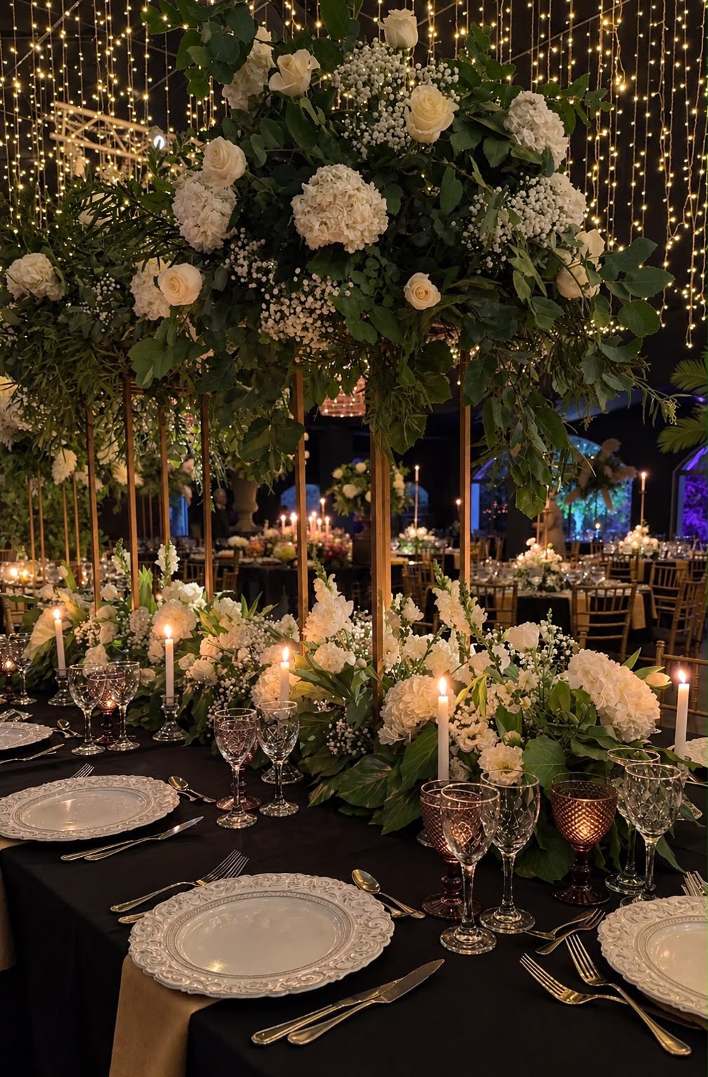 Banquetería y ambientación floral con velas